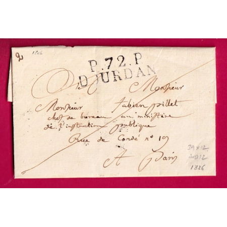 MARQUE P72P DOURDAN SEINE ET OISE 39X12 INDICE 12 POUR PARIS 1826 LETTRE COVER