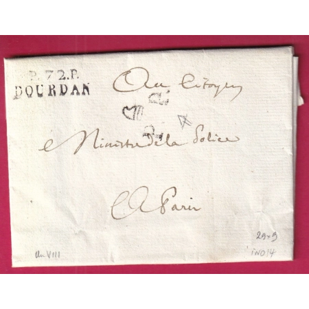 MARQUE P72P DOURDAN SEINE ET OISE 29X9 + PP BONNET PHRYGIENS POUR PARIS 1800 EN FRANCHISE  LETTRE COVER