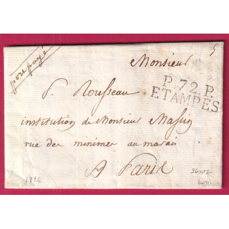 MARQUE P72P ETAMPES SEINE ET OISE INDICE 11 1826 POUR PARIS LETTRE COVER