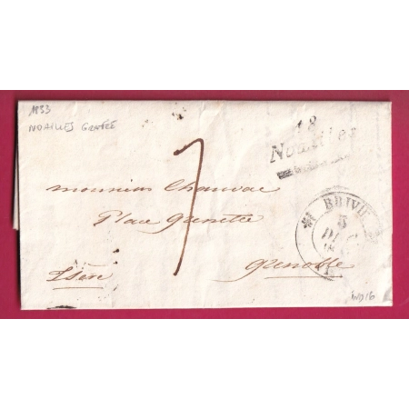CURSIVE GRATTEE 18 NOAILLES CORREZE 1833 CAD TYPE 12 BRIVE POUR GRENOBLE ISERE INDICE 16 LETTRE COVER