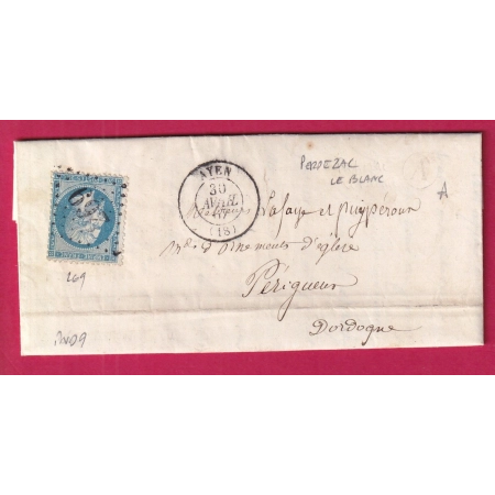 N°22 GC 269 AYEN CORREZE BOITE RURALE A PERDEZAC LE BLANC POUR PERIGUEUX DORDOGNE LETTRE COVER