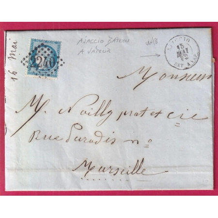 N°60 AJACCIO BATEAU A VAPEUR POUR MARSEILLE GC 2240 CORSE 1872 LETTRE COVER