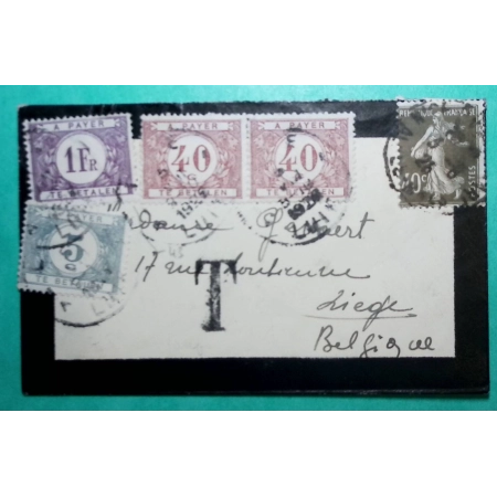 N°193 SEMEUSE 40C TAXE 1F + 40C x2 + 5C 1F85 LIEGE BELGIQUE LETTRE COVER FRANCE