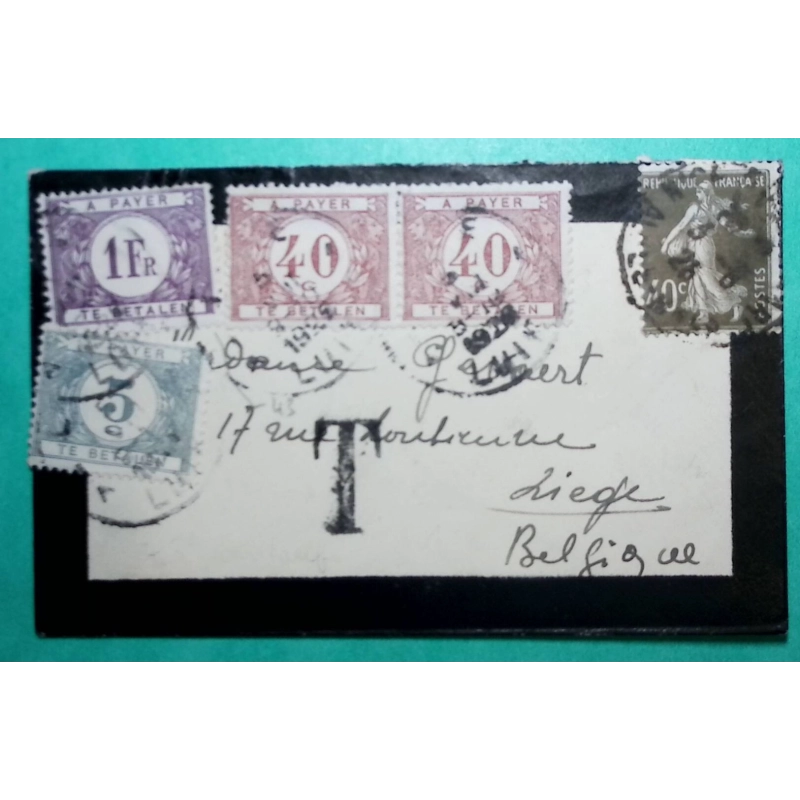 N°193 SEMEUSE 40C TAXE 1F + 40C x2 + 5C 1F85 LIEGE BELGIQUE LETTRE COVER FRANCE