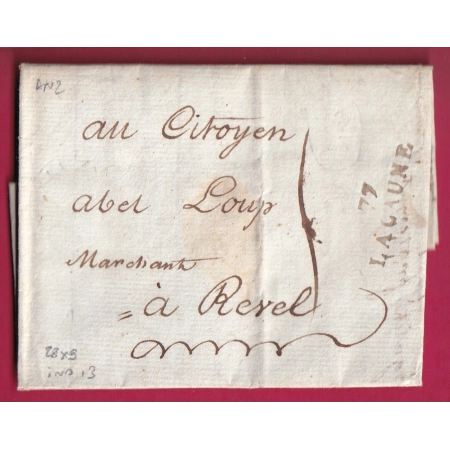 MARQUE 77 LACAUNE TARN AN2 1794 POUR REVEL HAUTE GARONNE INDICE 13 LETTRE COVER