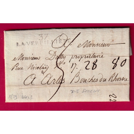 MARQUE 37 LA VERPILLIERE SERE TEXTE DE SEREZIN 1809 POUR ARLES BOUCHES DU RHONE INDICE 12 LETTRE COVER