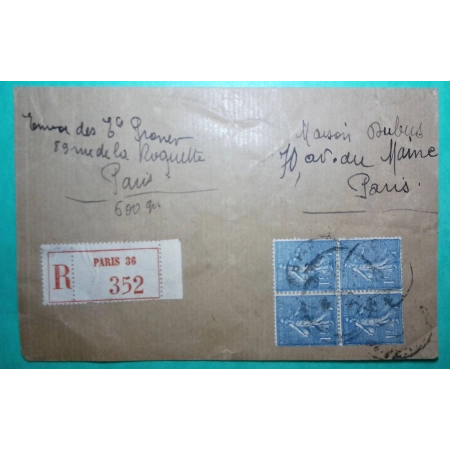 N°205 SEMEUSE LIGNEE 1F BLOC DE 4 RECOMMANDE PARIS POUR PARIS LETTRE COVER FRANCE
