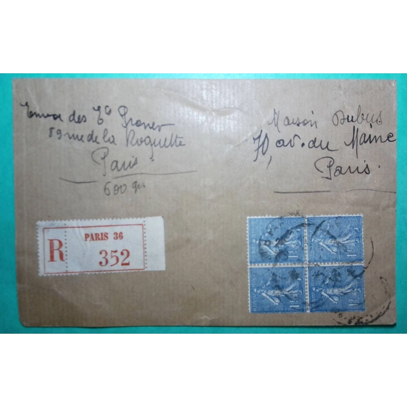 N°205 SEMEUSE LIGNEE 1F BLOC DE 4 RECOMMANDE PARIS POUR PARIS LETTRE COVER FRANCE