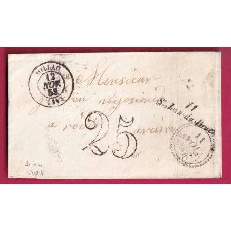 CURSIVE 11 ST JEAN DU BRUEL AVEYRON 1853 T15 MILLAU POUR RODEZ INDICE 11 DATEUR B LETTRE COVER