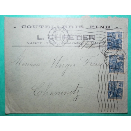 N°257 JEANNE D'ARC x3 ENVELOPPE PUB COUTELLERIE FINE CHRETIEN NANCY MEURTHE ET MOSELLE POUR CHEMNITZ ALLEMAGNE 1929