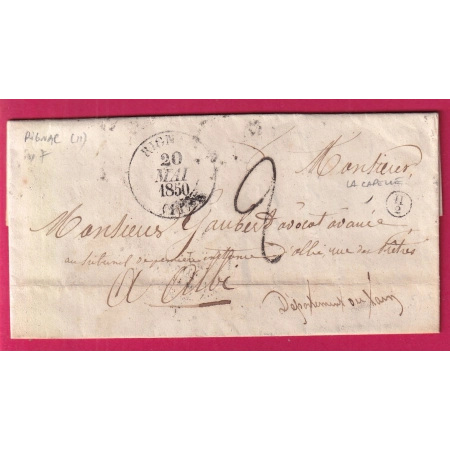 CAD TYPE 13 RIGNAC AVEYRON BOITE RURALE SUPPLEMENTAIRE H2 LA CAPELLE POUR ALBI TARN 1850 LETTRE COVER FRANCE