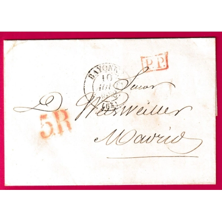 CAD TYPE 13 BAYONNE BASSES PYRENEES 1838 PP  ROUGE POUR MADRID ESPAGNE TAXE 5 REALS LETTRE COVER