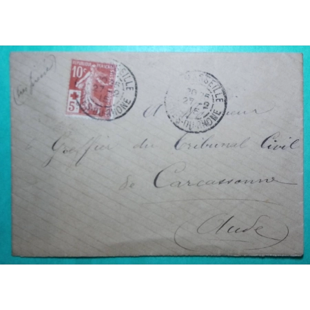 N°147 SEMEUSE CROIX ROUGE MARSEILLE BOUCHES DU RHONE POUR CARCASONNE AUDE 1915 WW1 LETTRE COVER FRANCE