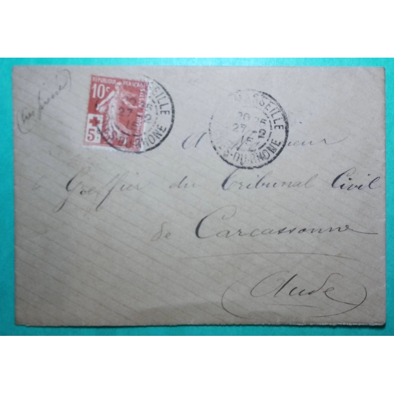 N°147 SEMEUSE CROIX ROUGE MARSEILLE BOUCHES DU RHONE POUR CARCASONNE AUDE 1915 WW1 LETTRE COVER FRANCE