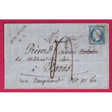 N°14 PC MONTPELLIER HERAULT TAXE 4 AFFRA INSUFF R8 PARIS 1859 LETTRE COVER