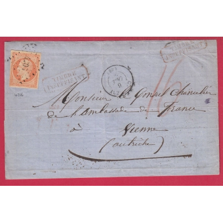 N°16 PC 4206 CHAMBERY SAVOIE TAXE 16 TIMBRE INSUFFISANT POUR VIENNE AUTRICHE DEVANT DE LETTRE AVEC RABAT COVER