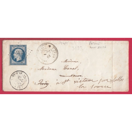 N°14 PC 3123 ST JEAN DU BRUEL AVEYRON T15 NANT AVEYRON CAD TYPE 22 PRECOCE SEPT 1855 POUR SALLES LA SOURCE LETTRE COVER