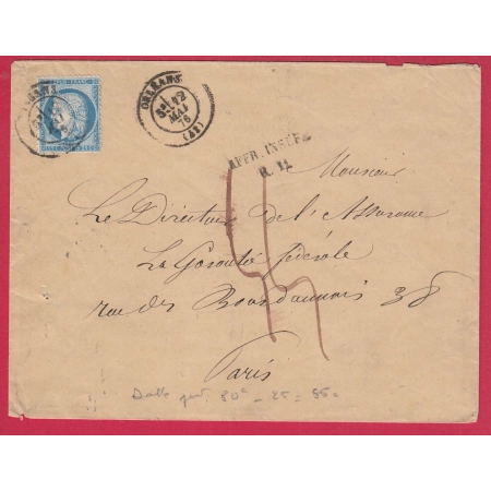 N°60 CAD TYPE 17 ORLEANS LOIRET 1876 TAXE 55 AFFR INSUFF R11 11EME RAYON PARIS 1876 LETTRE COVER