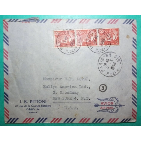 N°813 MARIANNE GANDON BANDE DE 3 LETTRE PAR AVION PARIS RUE DE PROVENCE POUR NEW YORK USA 1950 COVER FRANCE