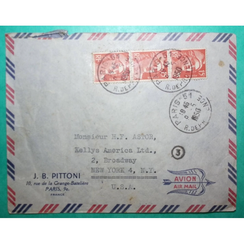 N°813 MARIANNE GANDON BANDE DE 3 LETTRE PAR AVION PARIS RUE DE PROVENCE POUR NEW YORK USA 1950 COVER FRANCE