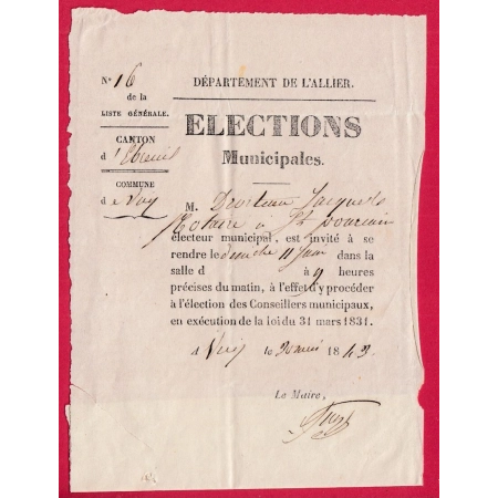 ELECTIONS MUNICIPALES VICQ ALLIER 1843 CONVOCATION ST POURCAIN