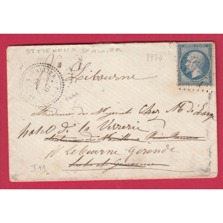 N°22 GC 3774 ST MENOUX D'ALLIER CAD TYPE 22 PENNE LOT ET GARONNE REEXPEDIE LIBOURNE GIRONDE LETTRE COVER