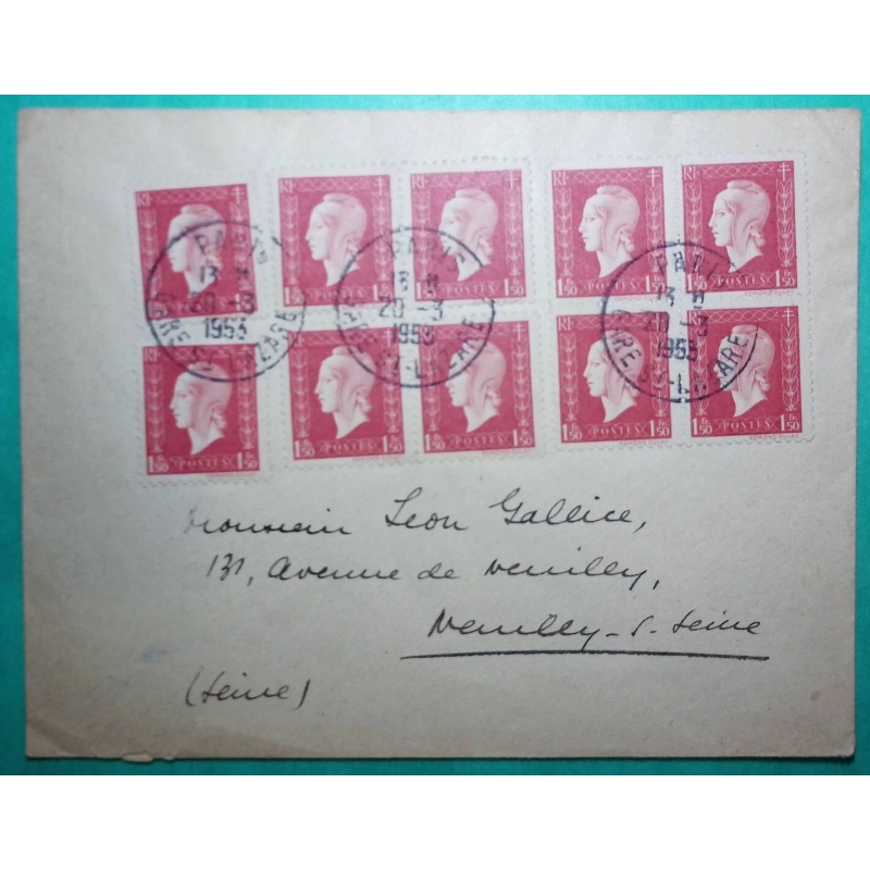 N°691 MARIANNE DE DULAC SERIE DE LONDRES x10 PARIS GARE ST LAZARE POUR NEUILLY SUR SEINE 1953 LETTRE COVER FRANCE