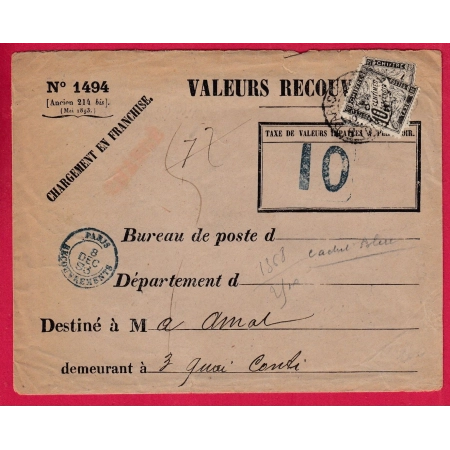 TAXE N°18 PRESENTER 2 FOIS VALEUR A RECOUVRER CAD BLEU PARIS RECOUVREMENT 1893 LETTRE COVER