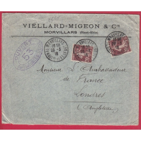 N°139 X2 MORVILLARD TERRITOIRE DE BELFORT 1916 CENSURE N°53 POUR LONDRES ANGLETERRE LETTRE COVER