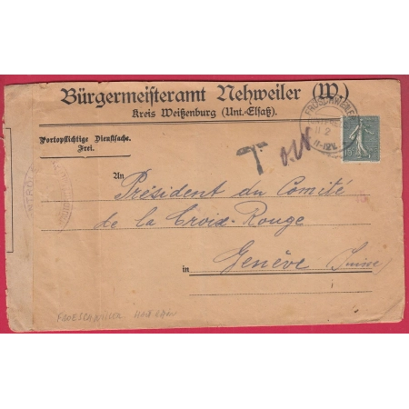 N°130 CAD ALLEMAND FROESCHWILLER HAUT RHIN  ALSACE LORRAINE CENSURE GENEVE SUISSE CROIX ROUGE LETTRE COVER FRANCE