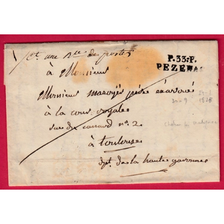 MARQUE P33P PEZENAS HERAULT TEXTE MONTAGNAC 1828 POUR TOULOUSE LETTRE COVER FRANCE