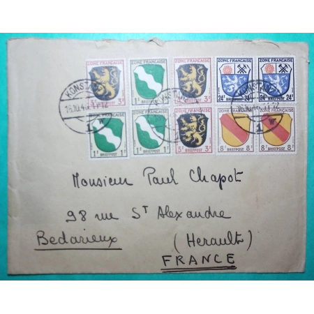 LETTRE KONSTANZ ALLEMAGNE DEUTSCHLAND AFFRANCHISSEMENT BRIEFPOST OCCUPATION ALLIEE ZONE FRANCAISE 1946 COVER FRANCE