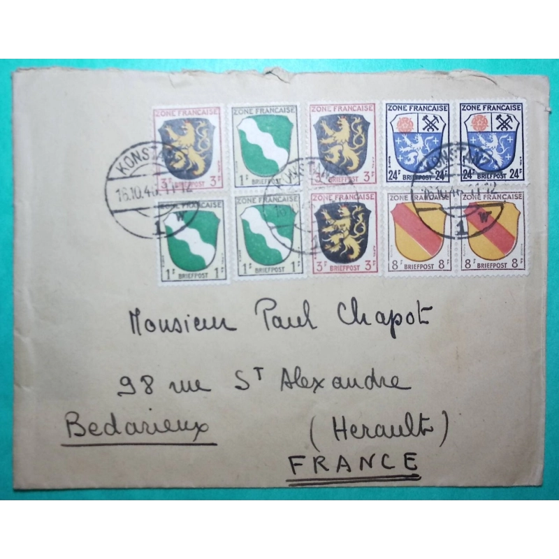 LETTRE KONSTANZ ALLEMAGNE DEUTSCHLAND AFFRANCHISSEMENT BRIEFPOST OCCUPATION ALLIEE ZONE FRANCAISE 1946 COVER FRANCE