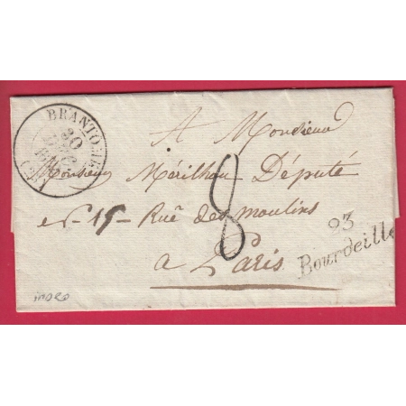 CURSIVE 23 BOURDEILLE DORDOGNE T13 BRANTOME POUR PARIS INDICE 20 TAXE TAMPON 8 LETTRE COVER FRANCE
