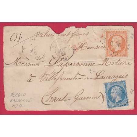 N°22 23 PC DU GC 2610 NARBONNE AUDE DEVANT DE LETTRE CHARGE INDICE 17 POUR VILLEFRANCHE HAUTE GARONNE COVER FRANCE