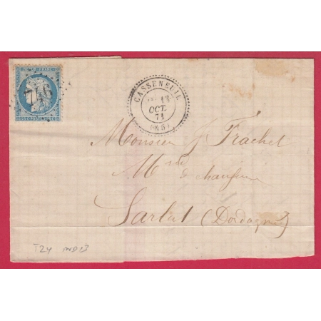 N°60 GC 746 CAD TYPE 24 CASSENEUIL LOT ET GARONNE POUR SARLAT DORDOGNE INDICE 13 LETTRE COVER