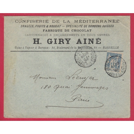 N°90 ENVELOPPE ILLUSTREE GIRY AINE MARSEILLE 1896 POUR PARIS LETTRE COVER