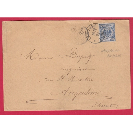 ALSACE LORRAINE 20PF BLEU LANDROFF MOSELLE 1892 POUR ANGOULEME CHARENTE LETTRE COVER