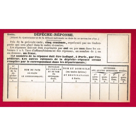 GUERRE 1870 CARTE DEPECHE REPONSE PIGEONGRAMME NEUVE LETTRE COVER FRANCE