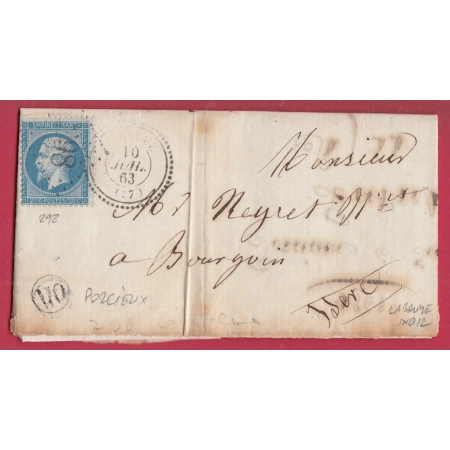 N°22 GC 298 LA BALME ISERE OR PORCIEUX CAD TYPE 22 INDICE 12 POUR BOURGOIN LETTRE COVER FRANCE