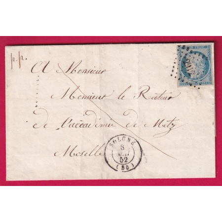 N°4 PC 1912 SOLGNE MOSELLE POUR METZ 1852 LETTRE COVER FRANCE
