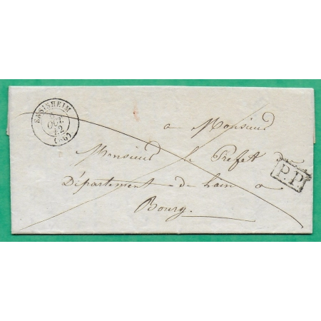 CAD TYPE 15A AMELIORATION DE DATE ENSISHEIM HAUT RHIN PP NOIR POUR BOURG EN BRESSE AIN 1842 LETTRE COVER FRANCE