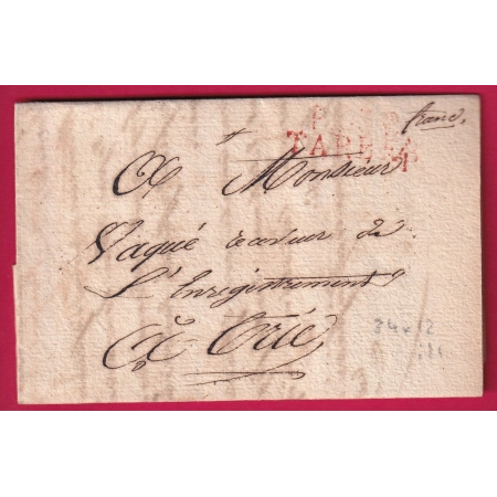 MARQUE P63P TARBES HAUTES PYRENEES EN ROUGE INDICE11 POUR TRIE 1822 LETTRE COVER FRANCE