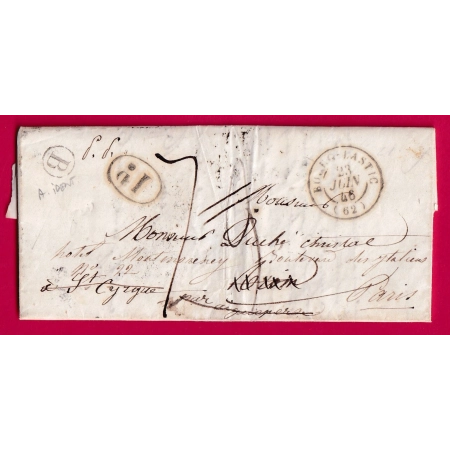 CAD TYPE 15 BOURG LASTIC PUY DE DOME BOITE RURALE B A IDENTIFIER DECIME RURAL RIOM REEXP PARIS 1846 LETTRE COVER FRANCE