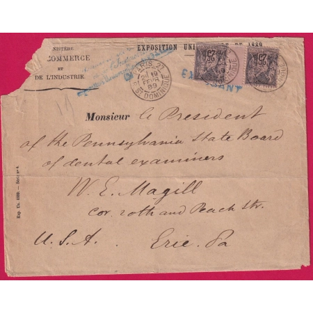 N°92 PAIRE INTERPANNEAU PARIS 27 R ST DOMINIQUE EXPOSITION UNIVERSELLE 1889 ERIE PENNSYLVANIA USA LETTRE COVER