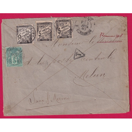 N°75 PARIS TAXE DUVAL 5C X2 15C NOIR POUR MELUN SEINE ET MARNE LETTRE COVER