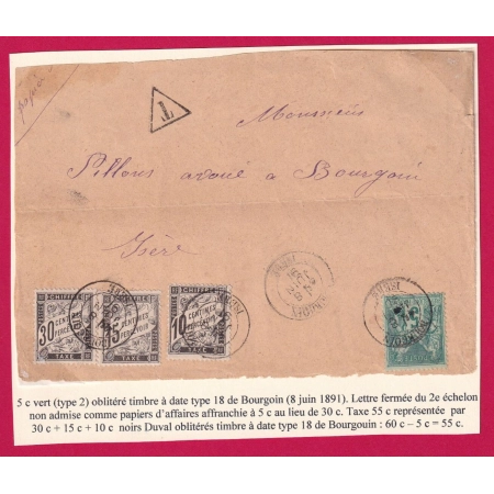 N°75 BOURGOIN ISERE TAXE DUVAL 10C 15C 30C POUR BOURGOIN DEVANT DE LETTRE LOCALE COVER