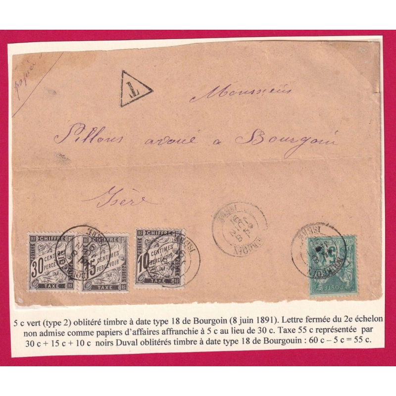 N°75 BOURGOIN ISERE TAXE DUVAL 10C 15C 30C POUR BOURGOIN DEVANT DE LETTRE LOCALE COVER