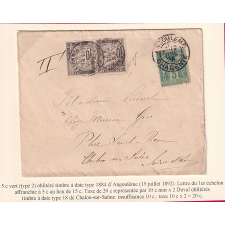 N°75 ANGOULEME CHARENTE TAXE TYPE DUVAL 10C PAIRE NOIR CHALON SUR SAONE 1892 LETTRE COVER