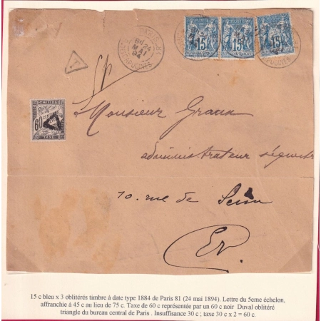 N°90 X3 PARIS 1894 TAXE TYPE DUVAL 60C NOIR PARIS BUREAU CENTRAL DEVANT DE LETTRE COVER